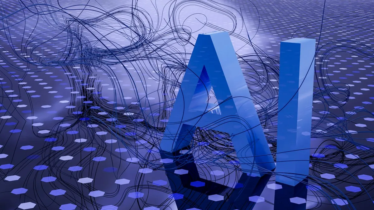 Abstract 3D letters "AI" on a glowing digital surface