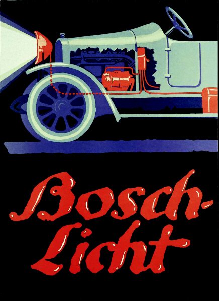 Один из первых рекламных плакатов Bosch. Но этот плакат не мог быть использован в международных рекламных компаниях, поскольку термин “Bosch-Licht” не был переведен на все языки тех стран, в которых была представлена компания. Позднее плакат все-таки использовался, но просто с надписью “Bosch”