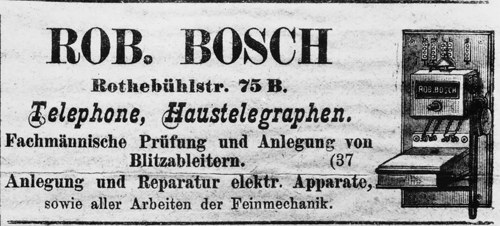 Одно из первых рекламных объявлений фирмы Роберта Боша – в штутгартском журнале «Der Beobachter», 1887 год