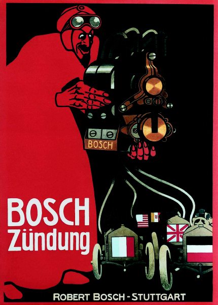 “Красный дьявол” – один из самых известных рекламных плакатов компании Bosch до первой мировой войны. Под именем “Красный дьявол” в те годы был известен гонщик Камиль Женаззи (Camille Jenatzy), который выигрывал одно соревнование за другим на автомобиле Мерседес, оборудованном системой зажигания Bosch. У Камиля были огненно рыжие волосы, а на соревнование он одевал ярко красное пальто.