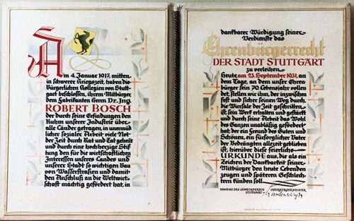 Документ выданный Роберту Бошу в честь того что он был избран почетным гражданином Штутгарта за заслуги перед обществом. Оригинал был потерян. Этот экземпляр был подготовлен для Роберта Боша к его 70-летию